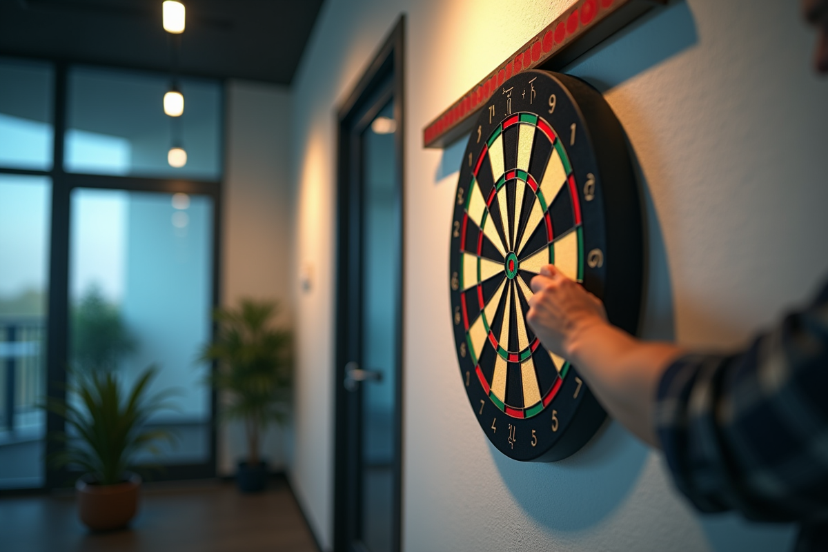 Personne ajustant un niveau pour installer un dartboard électronique