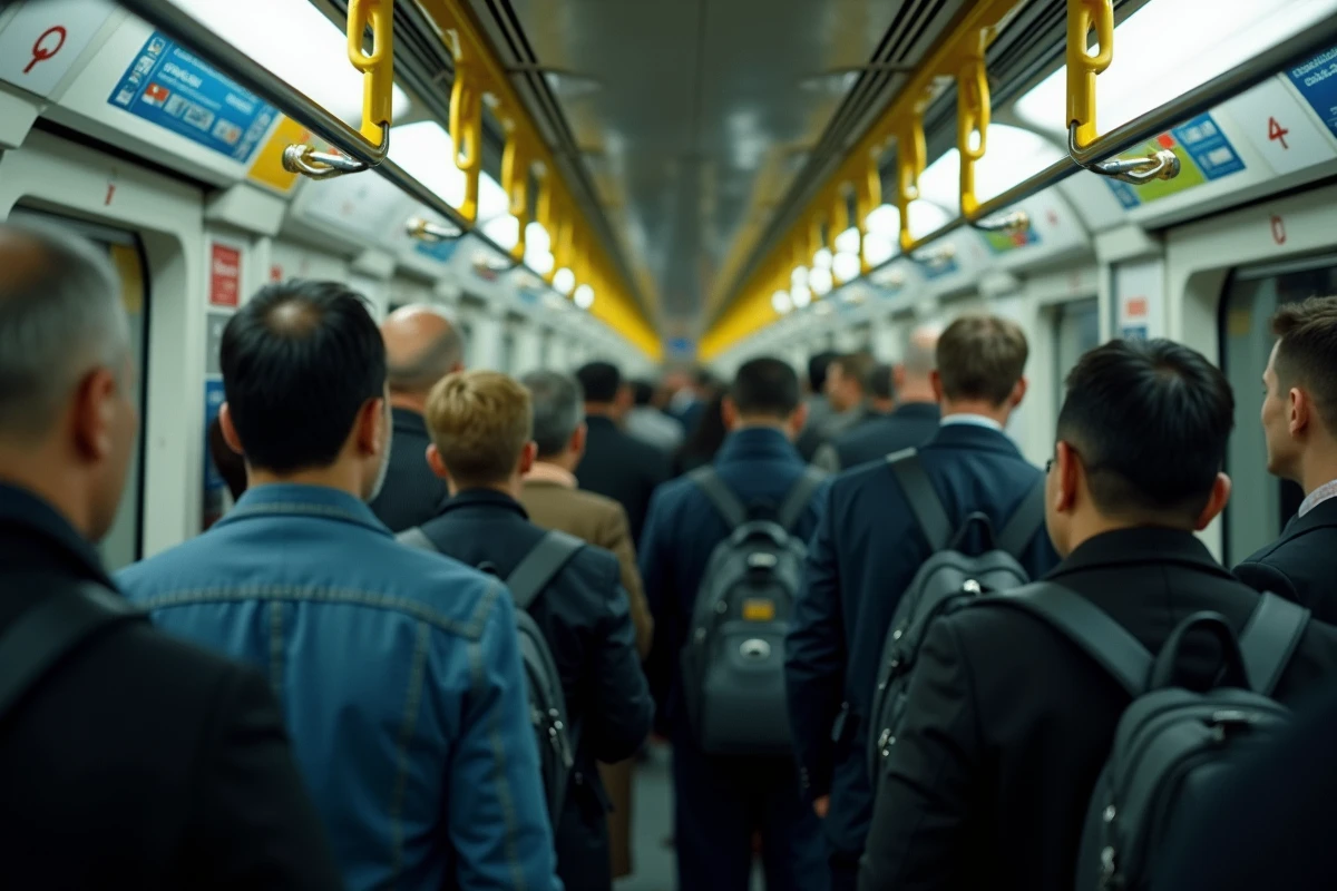 Intérieur bondé d'une rame de la ligne 9 du métro parisien pendant les heures de pointe