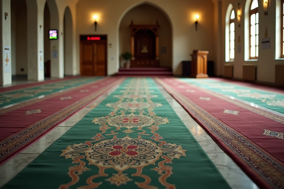 Intérieur d'une salle de prière à Toulouse avec tapis alignés avant la prière du jumua