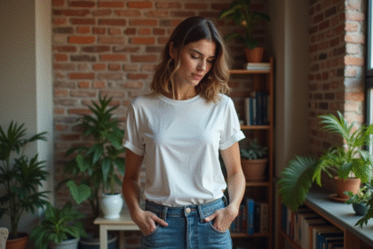Femme regardant ses jeans usés dans un appartement cosy