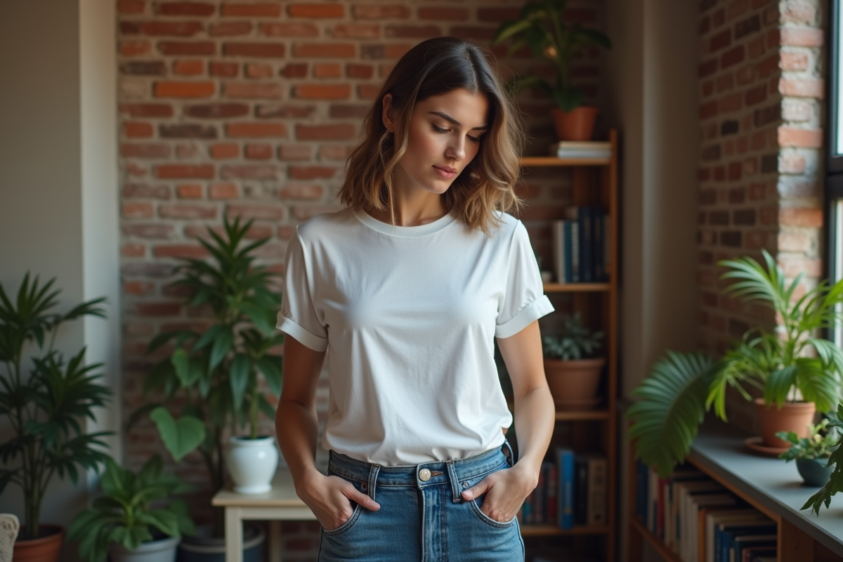 Femme regardant ses jeans usés dans un appartement cosy