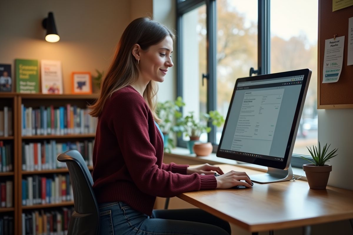 Jeune femme dans une bibliothèque de Bonneuil utilisant un ordinateur