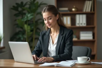 Jeune femme professionnelle travaillant sur un ordinateur portable