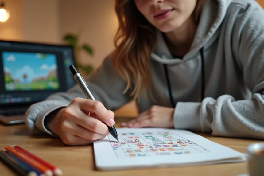 Jeune femme dessinant des personnages pixel art dans un petit carnet sur un bureau en bois avec des crayons de couleur
