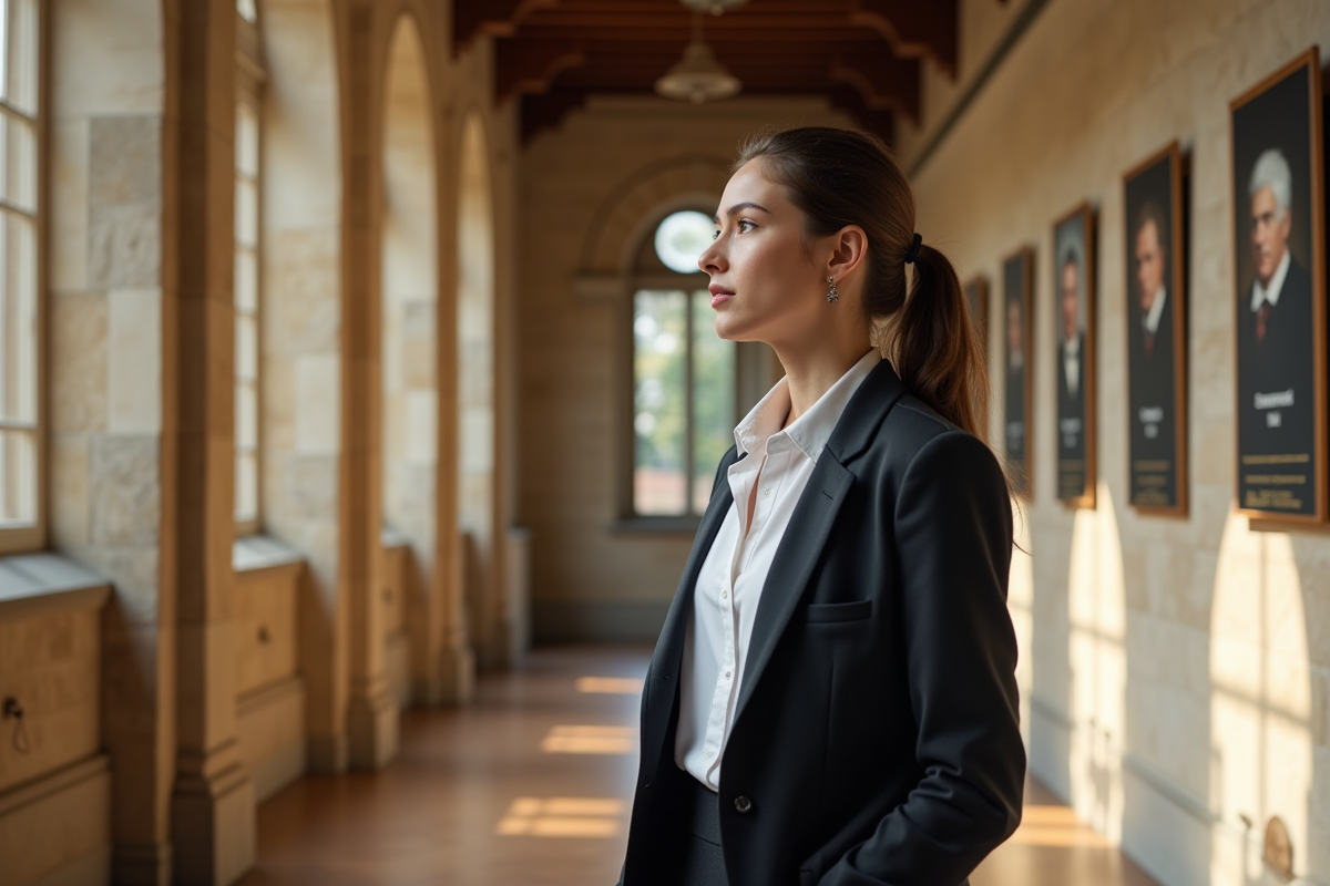 Jeune femme moderne dans un couloir universitaire historique