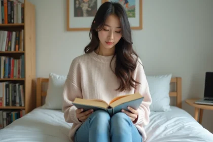 Jeune femme lisant manga dans sa chambre calme