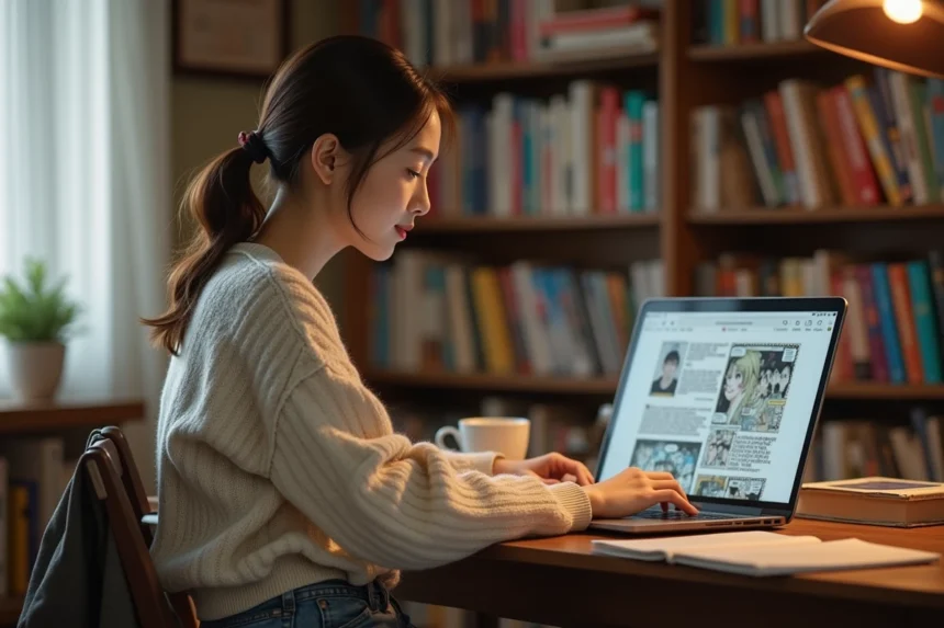 Jeune femme lisant des scans de manga dans un bureau cosy