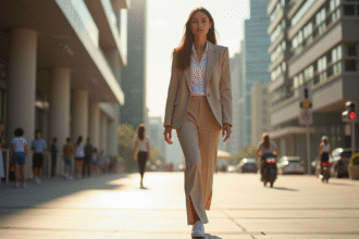 Jeune femme élégante marchant en ville avec pantalon splithem
