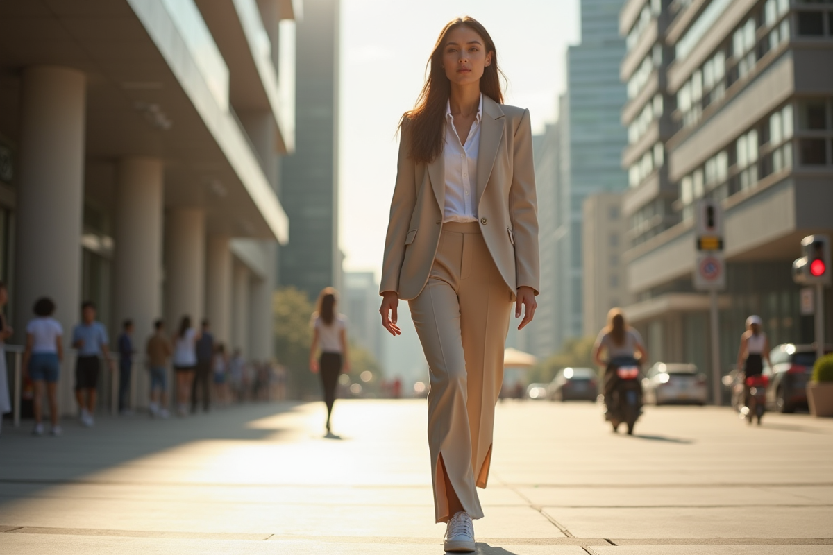 Jeune femme élégante marchant en ville avec pantalon splithem