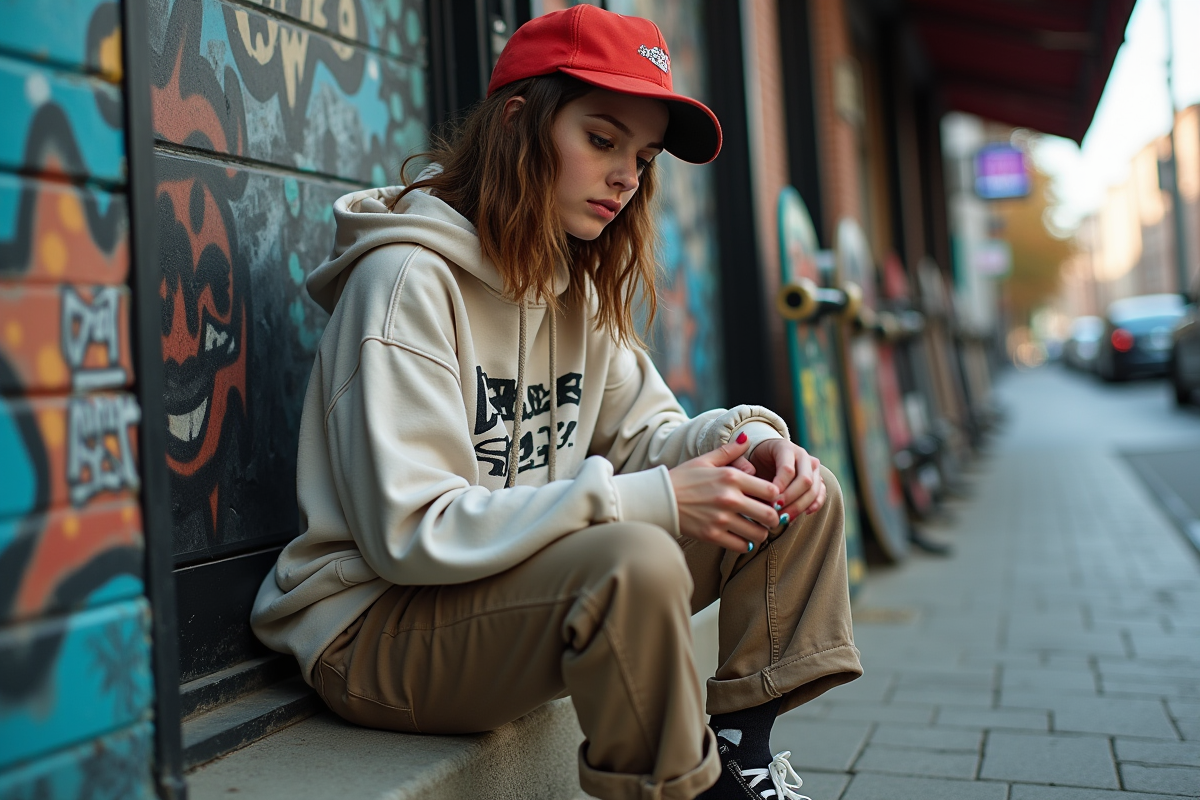 Jeune femme en streetwear regardant un patch vintage