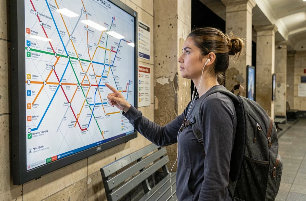 Jeune femme étudiant le plan des lignes de métro parisien affiché en station pour planifier ses correspondances