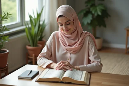 Jeune femme en hijab lisant le Quran dans un salon lumineux
