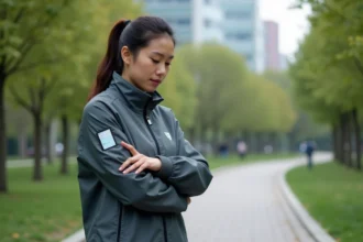 Jeune femme mode ajustant un affichage digital sur sa veste smart textiles