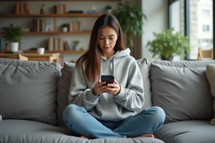 Jeune femme relaxée avec smartphone dans un salon lumineux