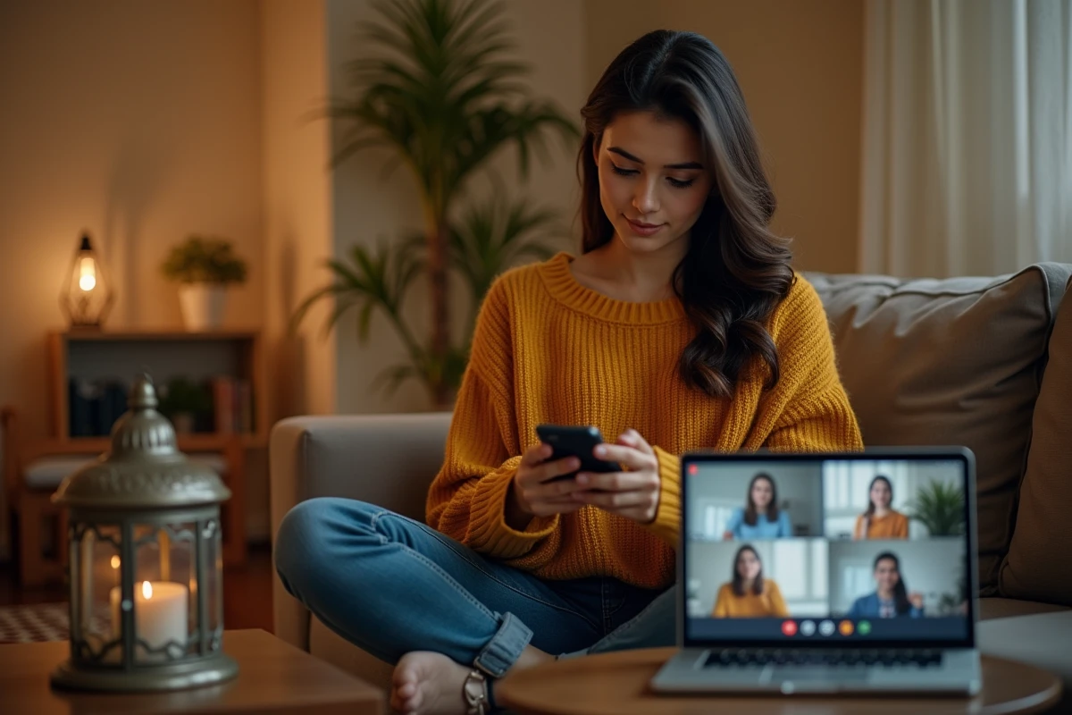 Jeune femme assise sur un canapé envoyant des vœux de Ramadan par SMS tout en regardant un appel vidéo avec sa famille éloignée