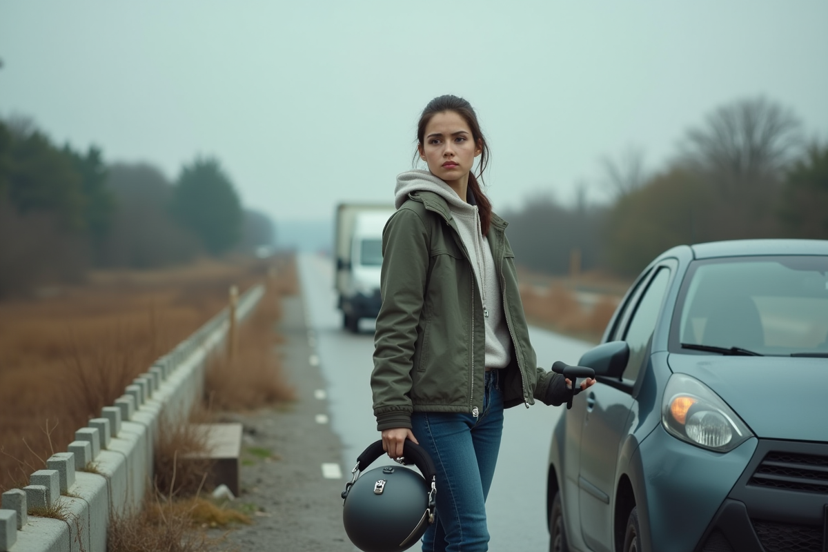 Jeune femme avec casque près d