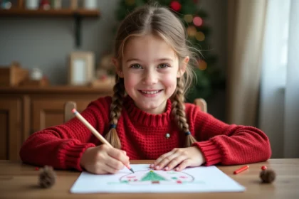 Jeune fille coloriant un dessin de Noël à la maison