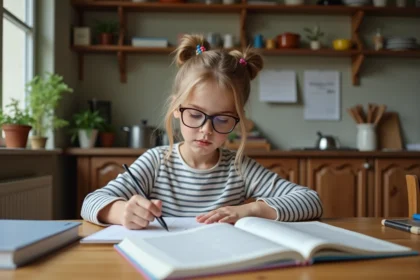 Jeune fille de 12 ans travaillant sur ses devoirs de français