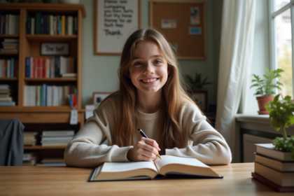 Jeune fille de 14 ans étudie concentrée à la maison