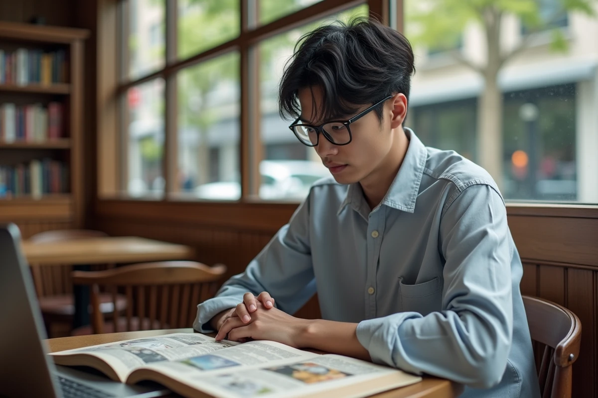 Jeune homme lisant manga dans un café animé