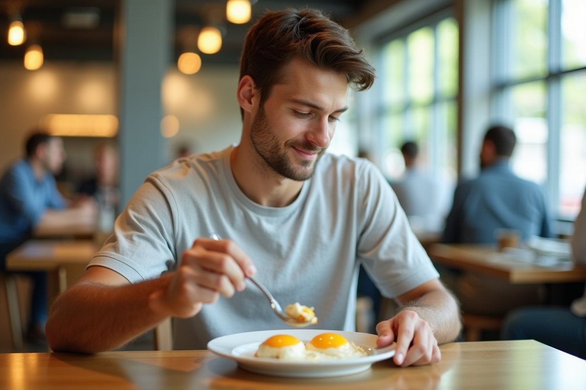 Jeune homme dégustant des œufs dans une cafetéria lumineuse