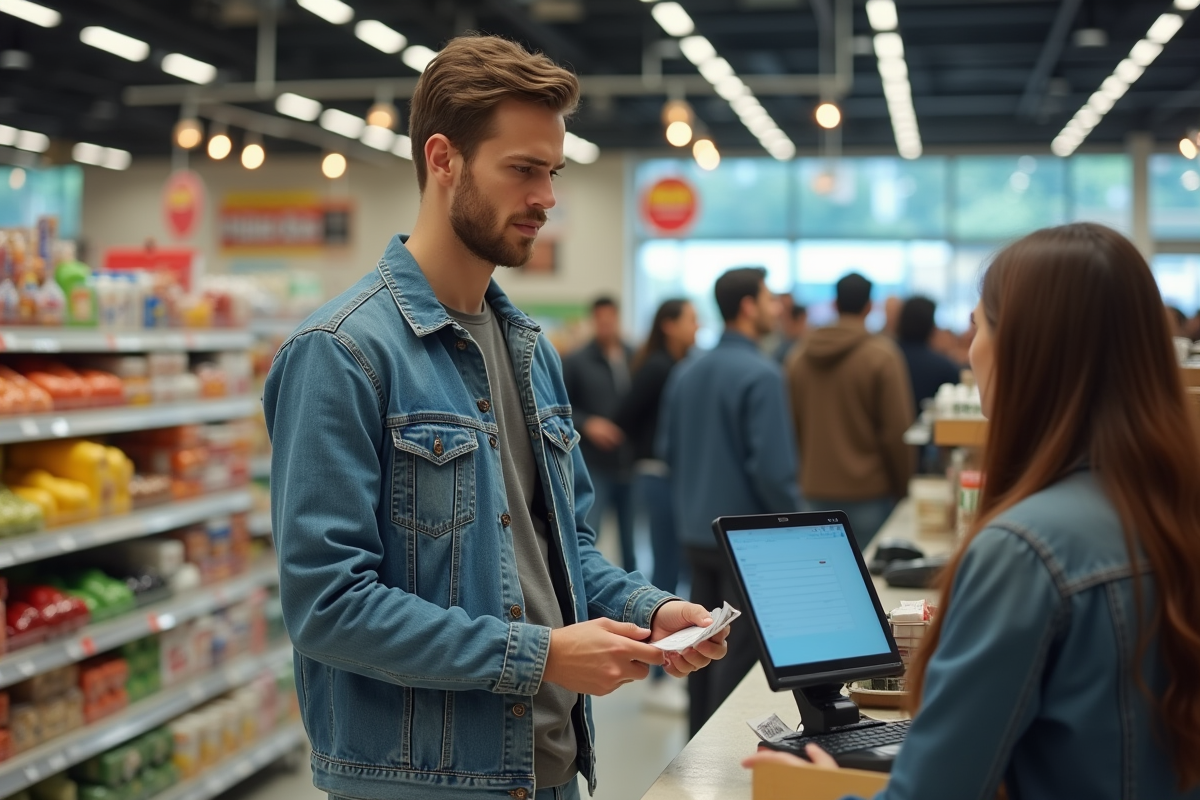 Jeune homme hésitant au supermarché avec ticket de paiement