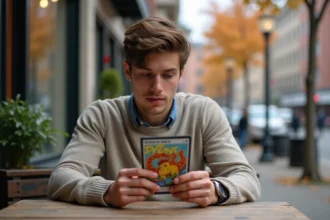 Jeune homme examinant une carte à jouer illustrée en ville