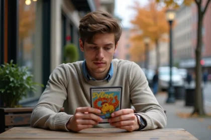 Jeune homme examinant une carte à jouer illustrée en ville