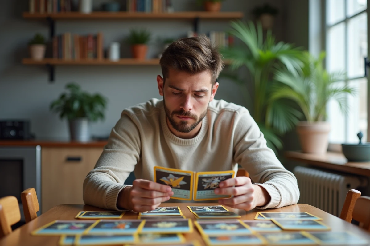 Jeune homme examine des cartes Pokémon Rivalités Destinées