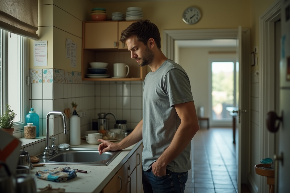 Jeune homme fatigué dans une cuisine encombrée