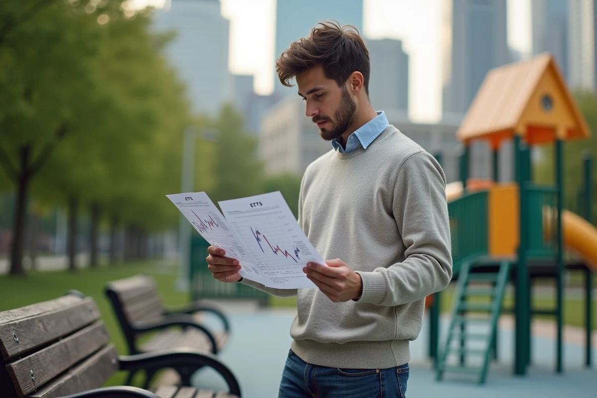 Jeune homme comparant graphiques boursiers en plein air