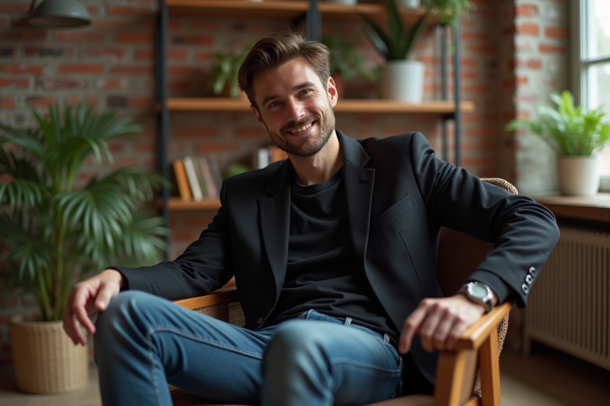 Jeune homme en blazer dans un loft moderne et cosy