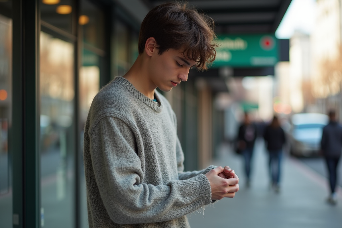 Jeune homme au arrêt de bus portant un pull usé