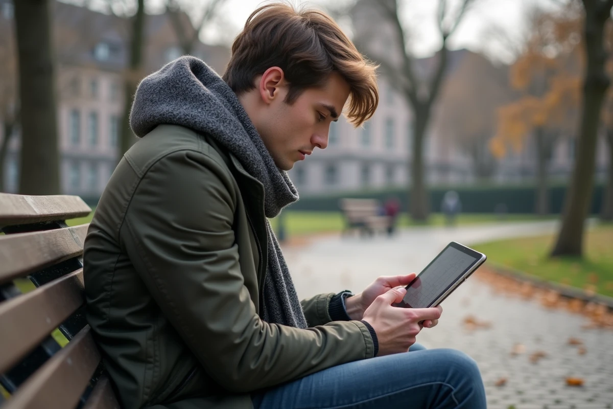 Jeune homme lisant un crossword en plein air