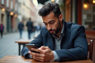 Jeune homme nord-africain regardant son smartphone à Douai