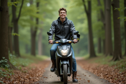 Jeune homme en motocross sur scooter en forêt