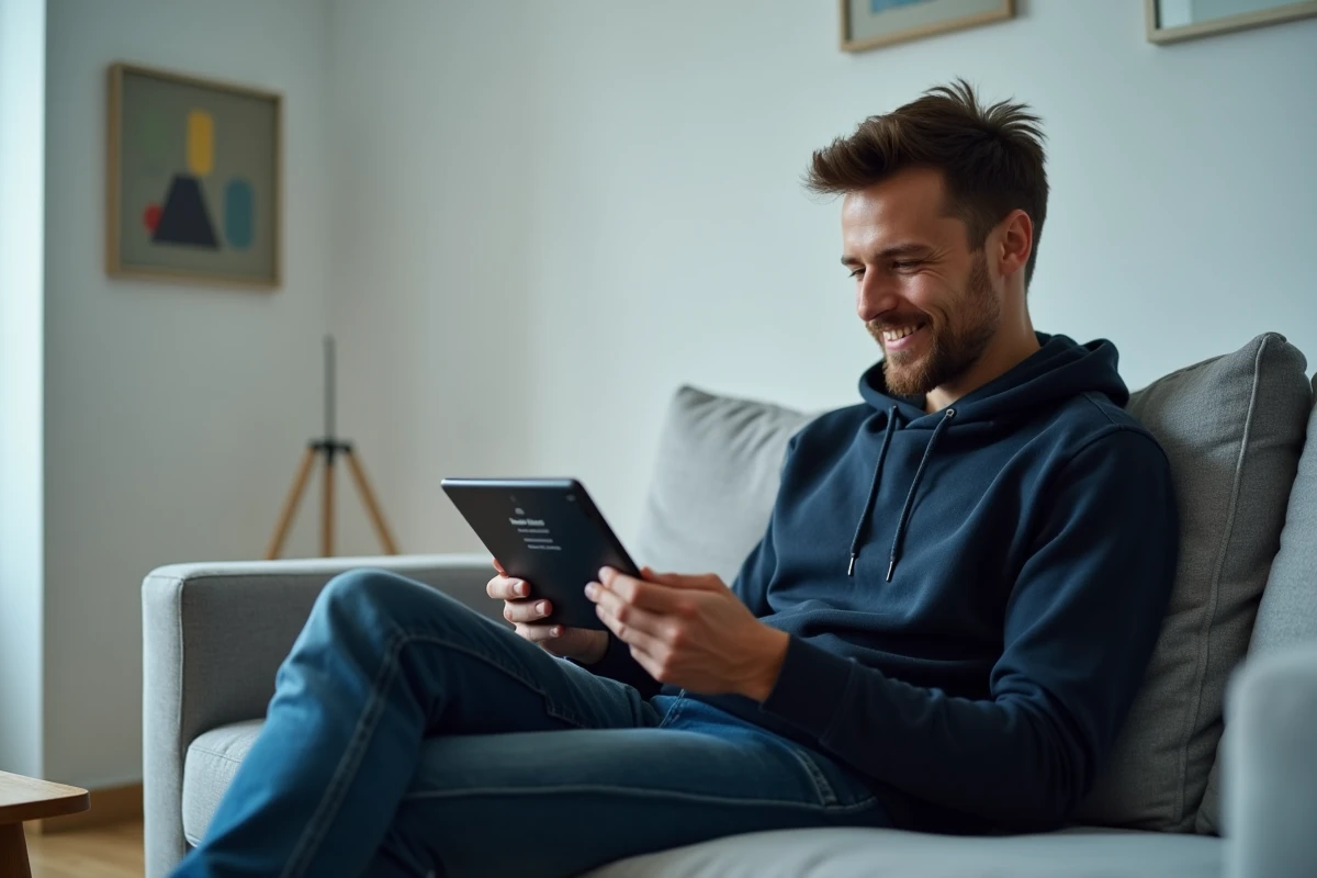 Jeune homme parcourant un magazine de vidéos en ligne sur une tablette dans un salon moderne
