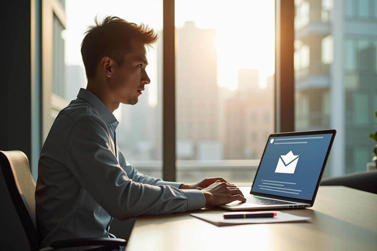 Jeune professionnel travaillant sur un bureau lumineux avec un laptop