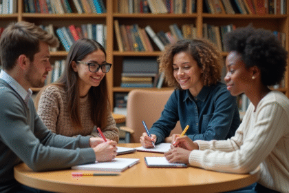 Groupe de jeunes adultes en étude dans une bibliothèque chaleureuse