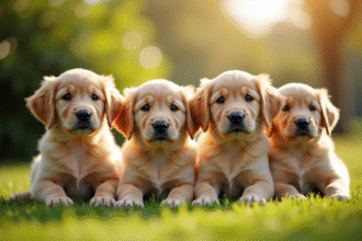 Groupe de chiots golden retriever au soleil sur herbe verte