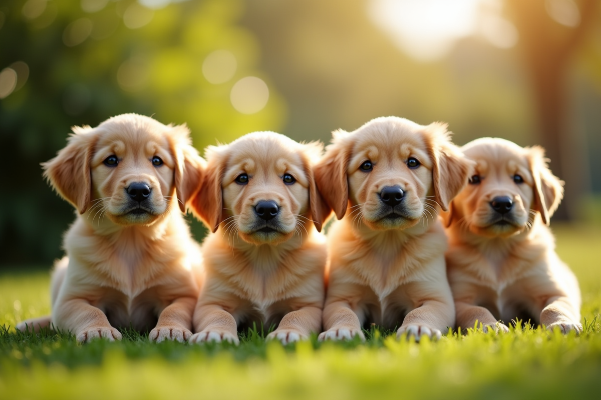 Groupe de chiots golden retriever au soleil sur herbe verte