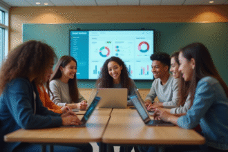 Groupe de lycéens divers en classe moderne utilisant des tablettes