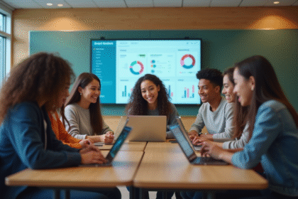 Groupe de lycéens divers en classe moderne utilisant des tablettes