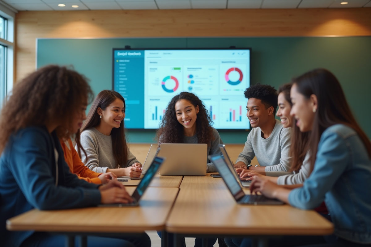 Groupe de lycéens divers en classe moderne utilisant des tablettes