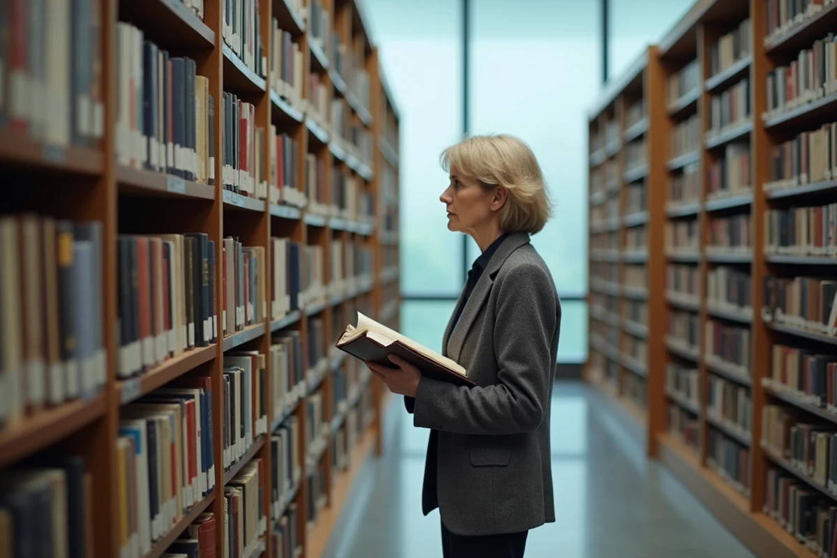 Journaliste professionnelle dans une bibliothèque publique consultant des archives, illustration de la curiosité et de la recherche d'informations