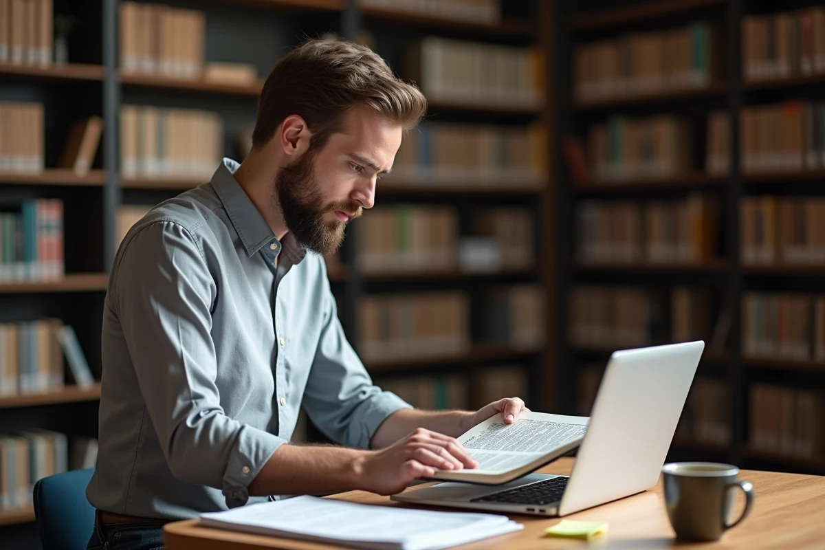 Juriste comparant des publications de droit public dans une bibliothèque universitaire avec un ordinateur portable ouvert