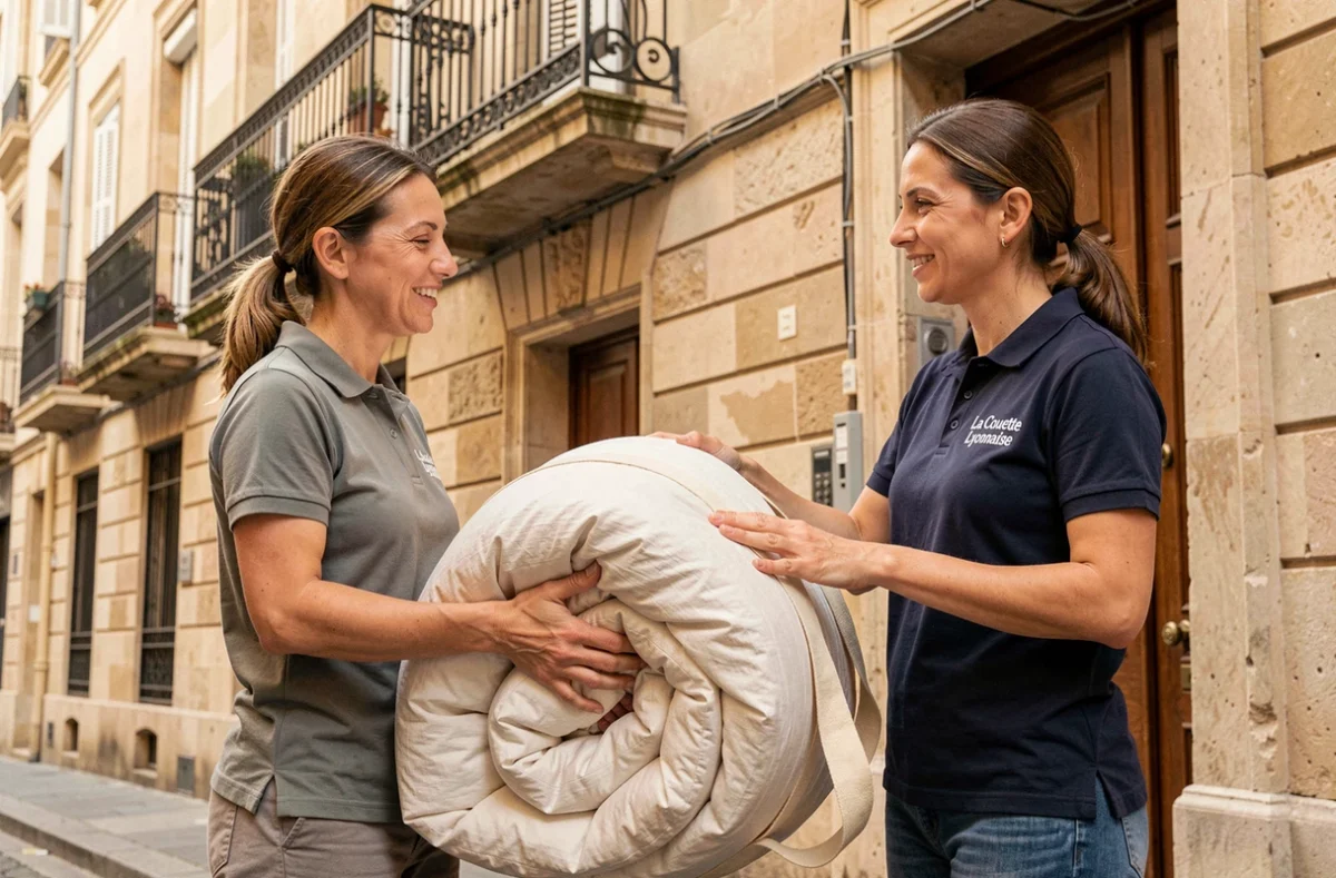 Employée de La Couette Lyonnaise récupérant une couette à domicile auprès d'une cliente dans un immeuble résidentiel lyonnais