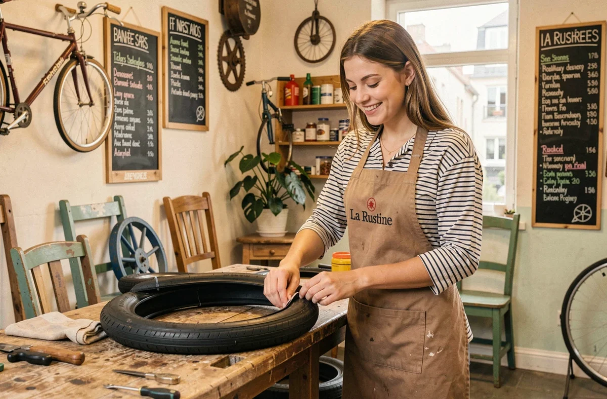 Technicienne de La Rustine à Asnières-sur-Seine réparant une chambre à air dans l'atelier convivial de la boutique