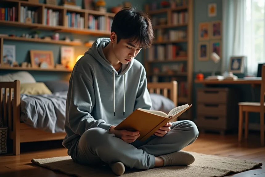 Jeune homme lisant un manga dans sa chambre entourée de collections de mangas sur des étagères