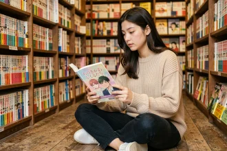 Jeune femme lisant un manga Boys Love dans une librairie spécialisée manga avec des étagères remplies de volumes japonais